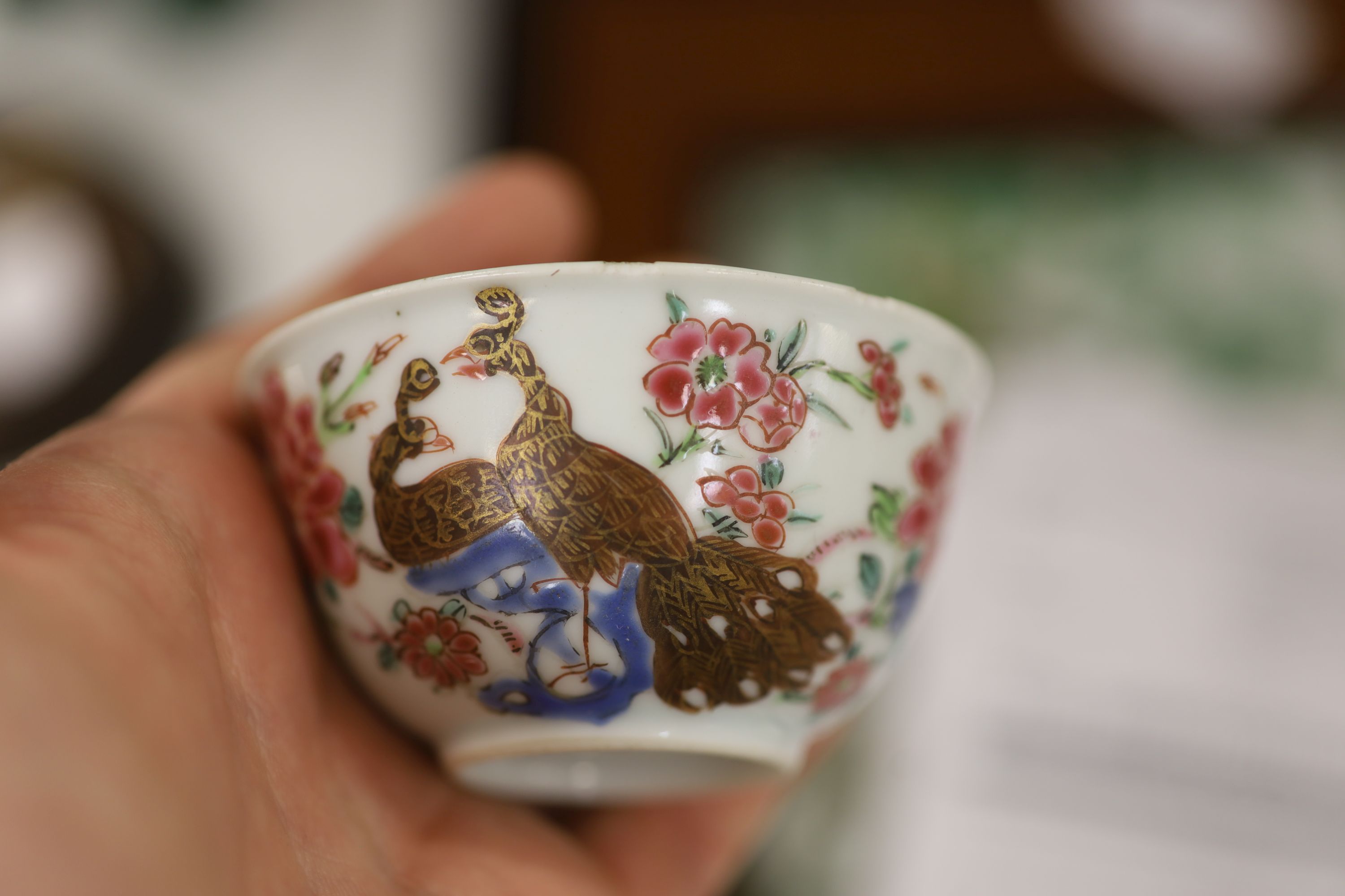 Three 18th century Chinese famille rose or Imari tea bowls together with five saucers